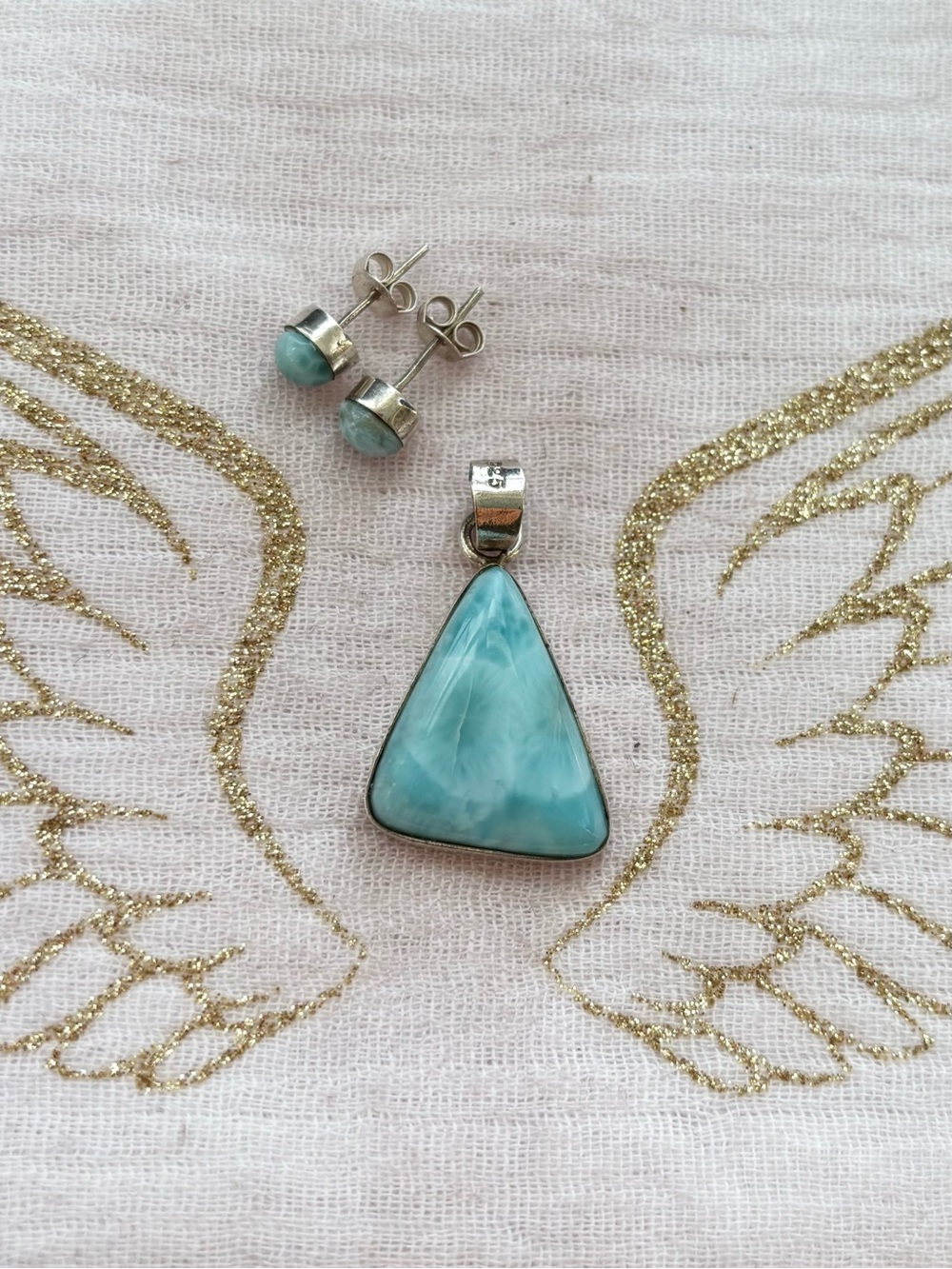 Sterling Silver Larimar Pendant and Stud Earrings - Light Blue